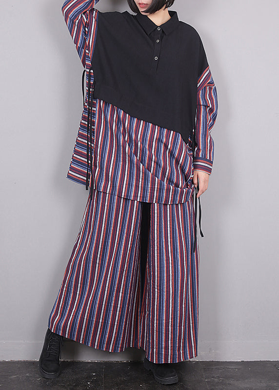 Purple Peter Pan Collar Striped Shirts and Pants Two Pieces Set Winter