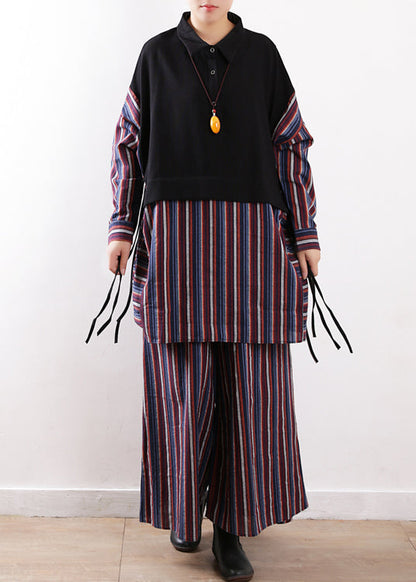 Purple Peter Pan Collar Striped Shirts and Pants Two Pieces Set Winter