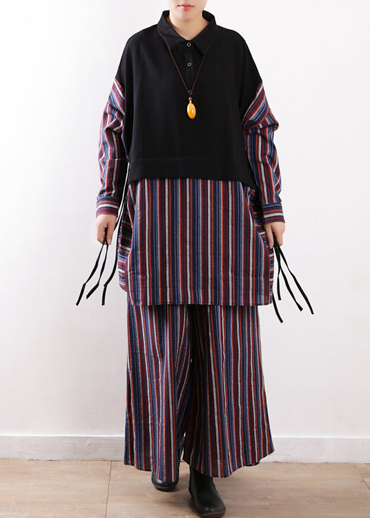 Purple Peter Pan Collar Striped Shirts and Pants Two Pieces Set Winter