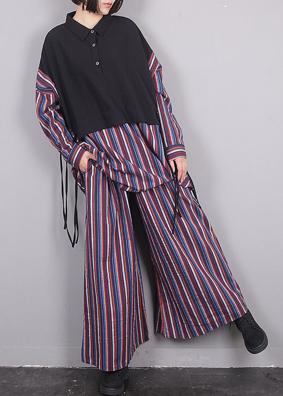 Purple Peter Pan Collar Striped Shirts and Pants Two Pieces Set Winter