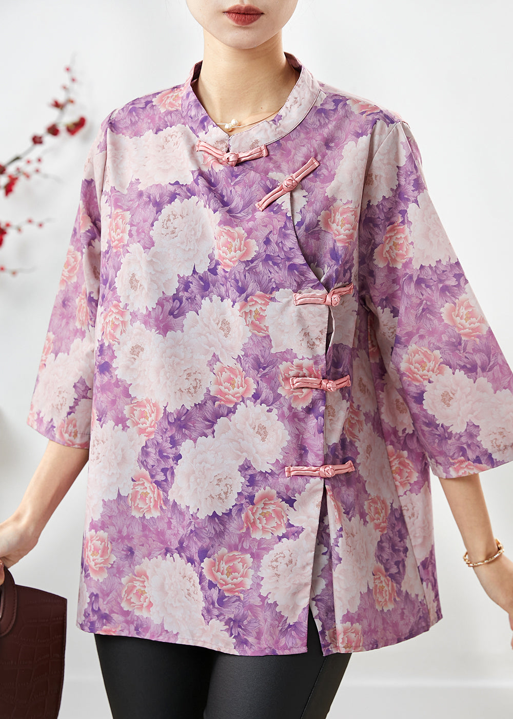 Purple Print Chinese Button Cotton Top Summer