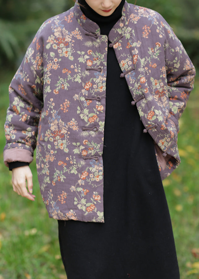 Purple Print Cotton Filled Parka Long Sleeve