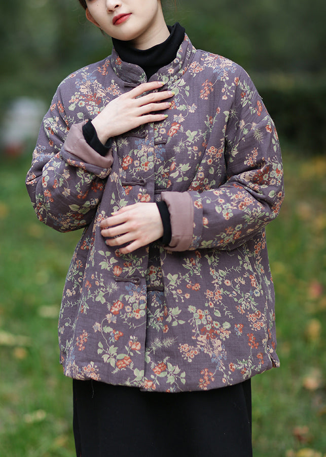 Purple Print Cotton Filled Parka Long Sleeve