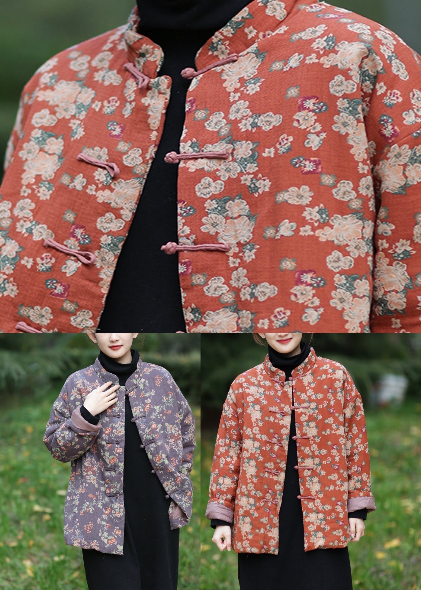 Purple Print Cotton Filled Parka Long Sleeve