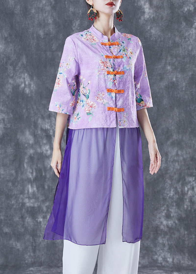Purple Print Patchwork Chinese Button Linen Top Half Sleeve
