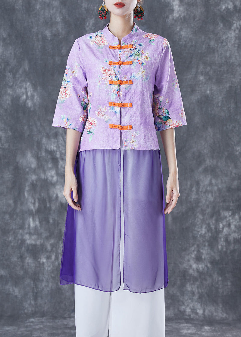 Purple Print Patchwork Chinese Button Linen Top Half Sleeve