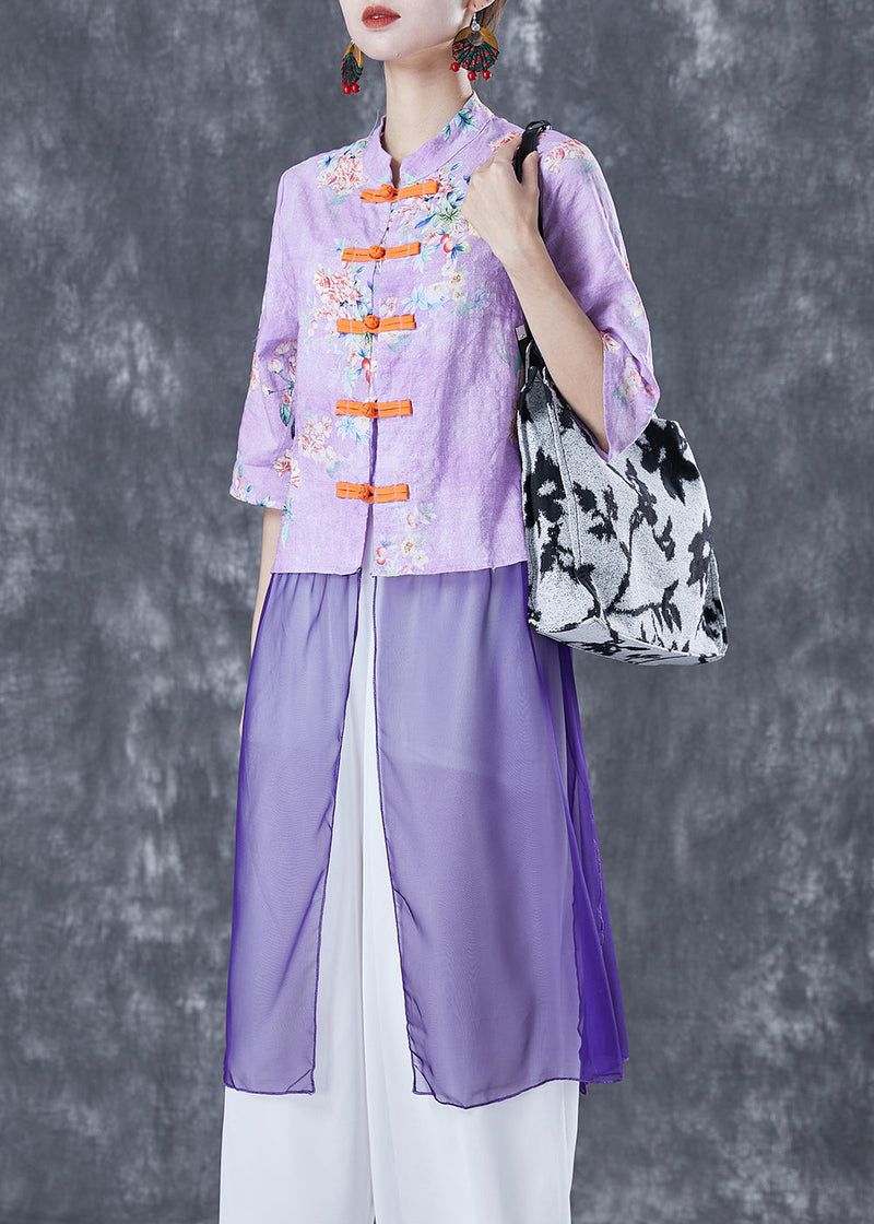 Purple Print Patchwork Chinese Button Linen Top Half Sleeve