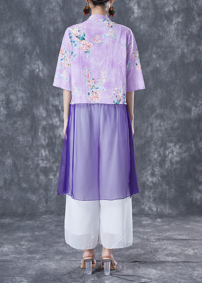 Purple Print Patchwork Chinese Button Linen Top Half Sleeve