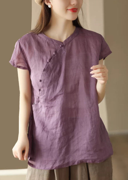 Purple Stand Collar Button Linen Shirts Summer