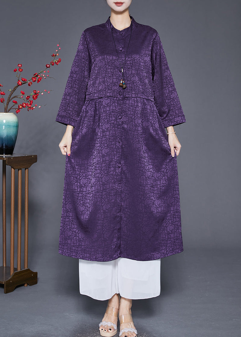 Purple Stand Collar Craquelure Silk Trench Coats Fall