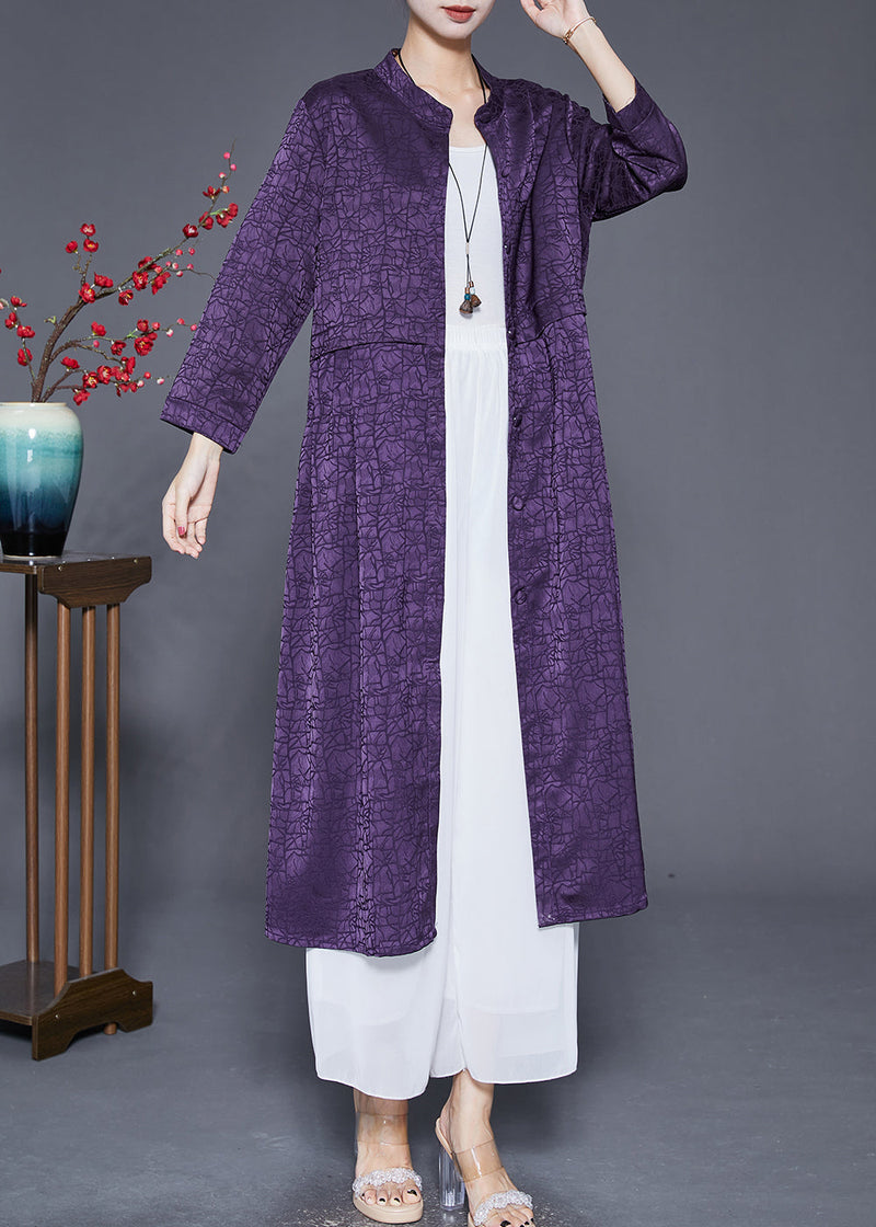 Purple Stand Collar Craquelure Silk Trench Coats Fall