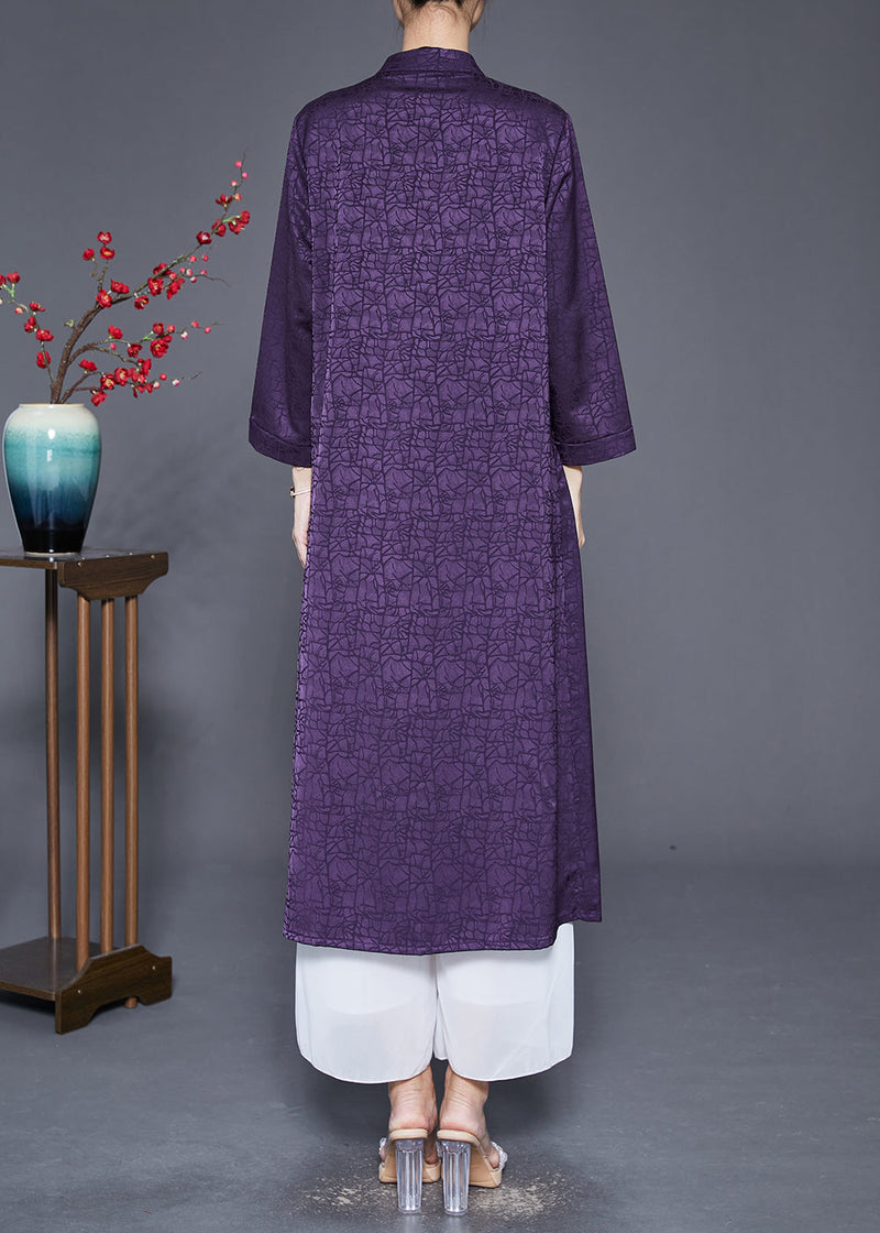 Purple Stand Collar Craquelure Silk Trench Coats Fall