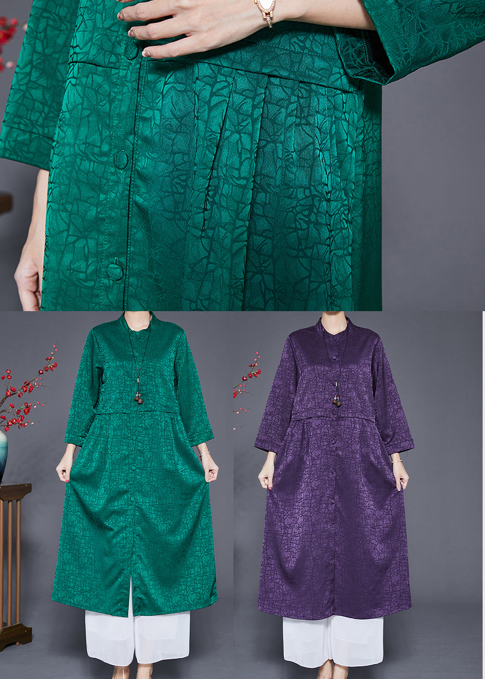 Purple Stand Collar Craquelure Silk Trench Coats Fall