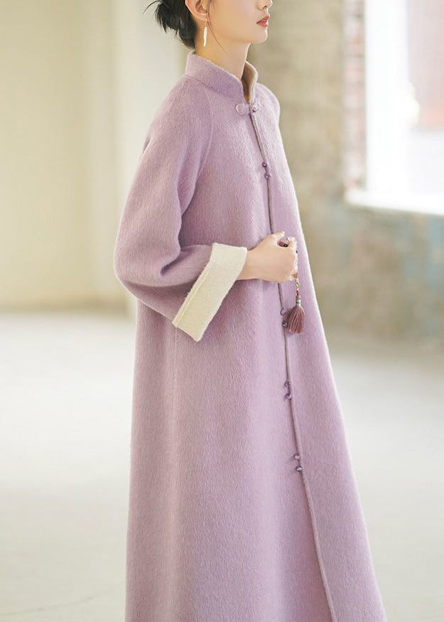 Purple Stand Collar Pockets Button Woolen Coats Winter