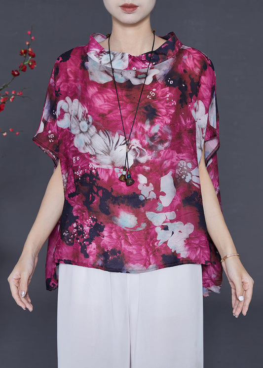 Purple Stand Collar Print Chiffon Tank Tops Summer