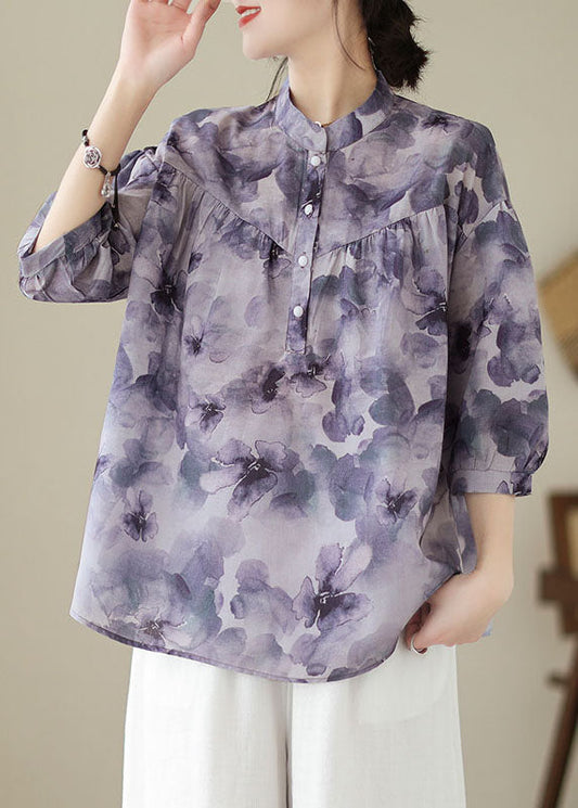 Purple Stand Collar Print Patchwork Cotton Shirt Tops Summer
