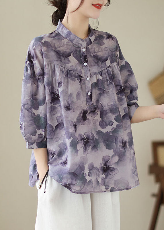 Purple Stand Collar Print Patchwork Cotton Shirt Tops Summer