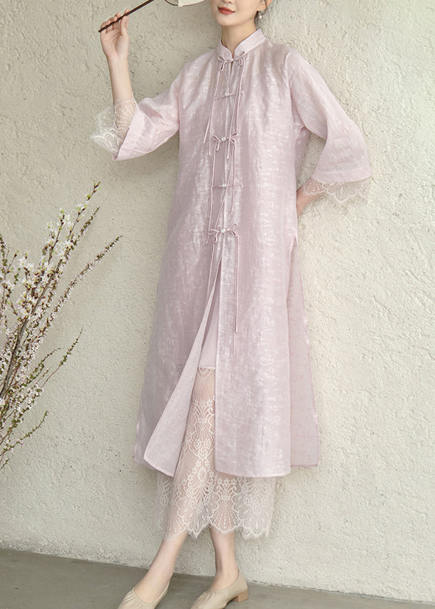 Purple Tasseled Chinese Button Lace Patchwork Silk Dress Fall