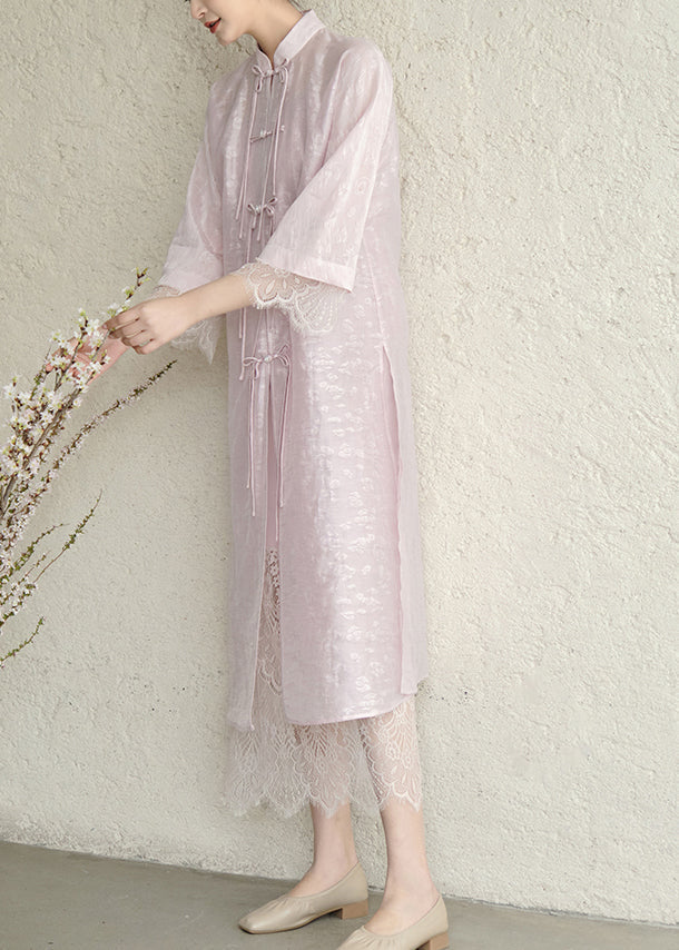 Purple Tasseled Chinese Button Lace Patchwork Silk Dress Fall