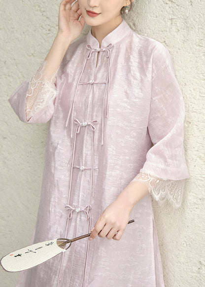 Purple Tasseled Chinese Button Lace Patchwork Silk Dress Fall