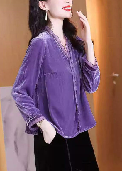Vintage Purple Tulle Patchwork Side Open Silk Velour Shirt Fall