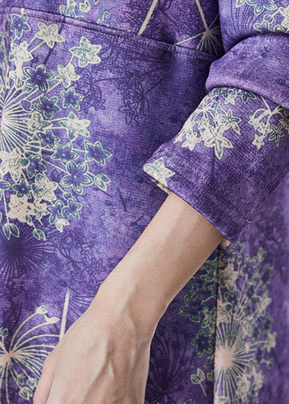 Purple Turtle Neck Print Warm Fleece Party Dress Winter