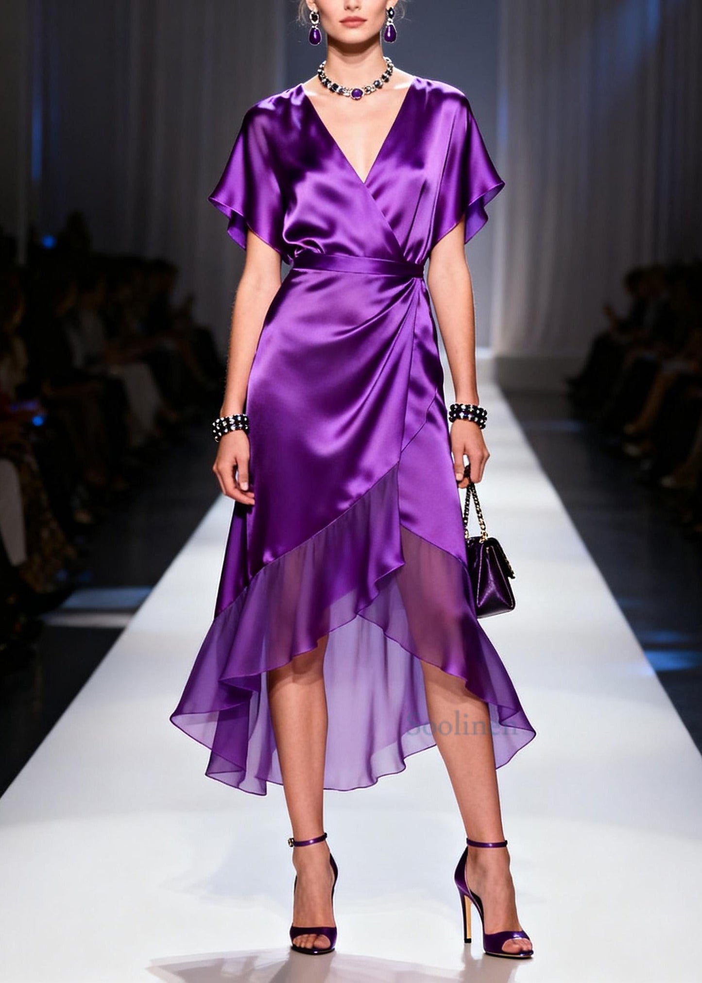 Purple V Neck Patchwork Chiffon Dresses Summer