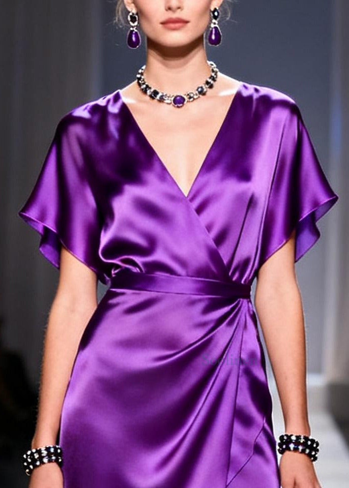 Purple V Neck Patchwork Chiffon Dresses Summer