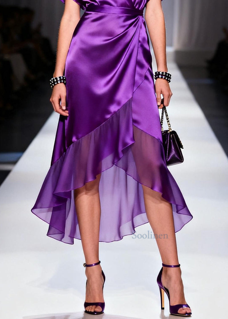Purple V Neck Patchwork Chiffon Dresses Summer