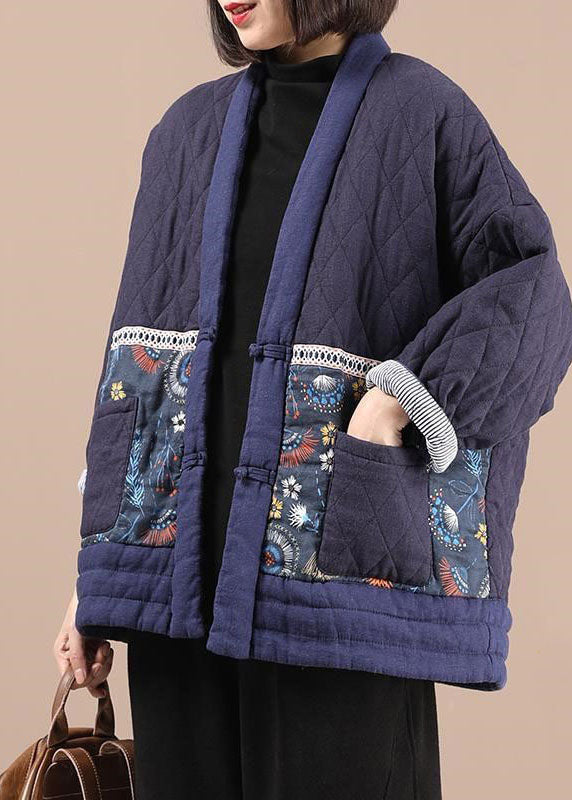 Purple V Neck Patchwork Print Fine Cotton Filled Parkas Winter