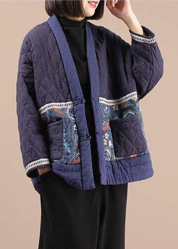 Purple V Neck Patchwork Print Fine Cotton Filled Parkas Winter