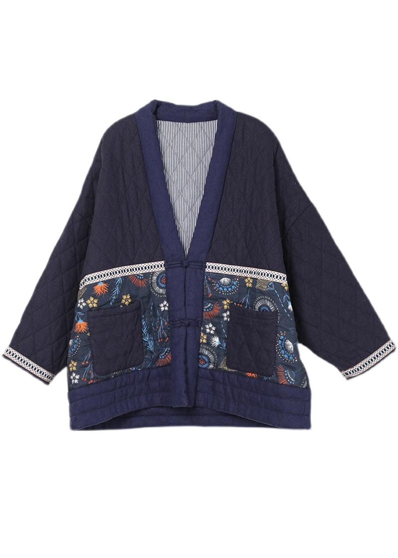 Purple V Neck Patchwork Print Fine Cotton Filled Parkas Winter