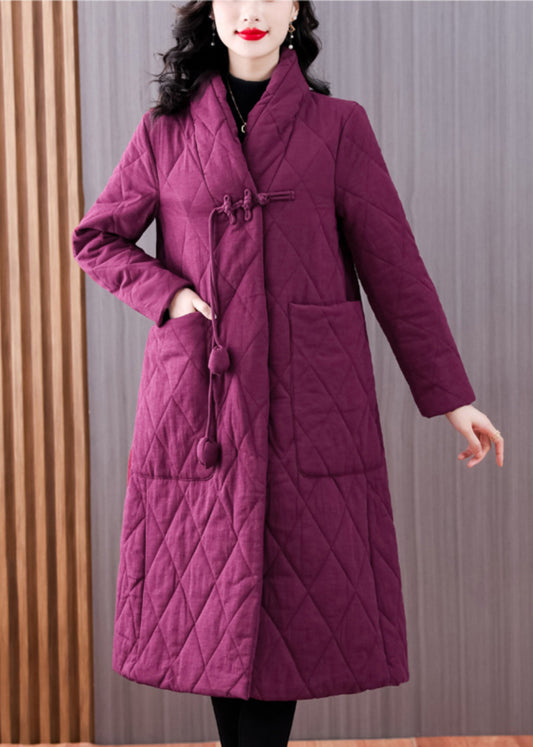 Purple V Neck Pockets Chinese Button Fine Cotton Filled Coat Winter