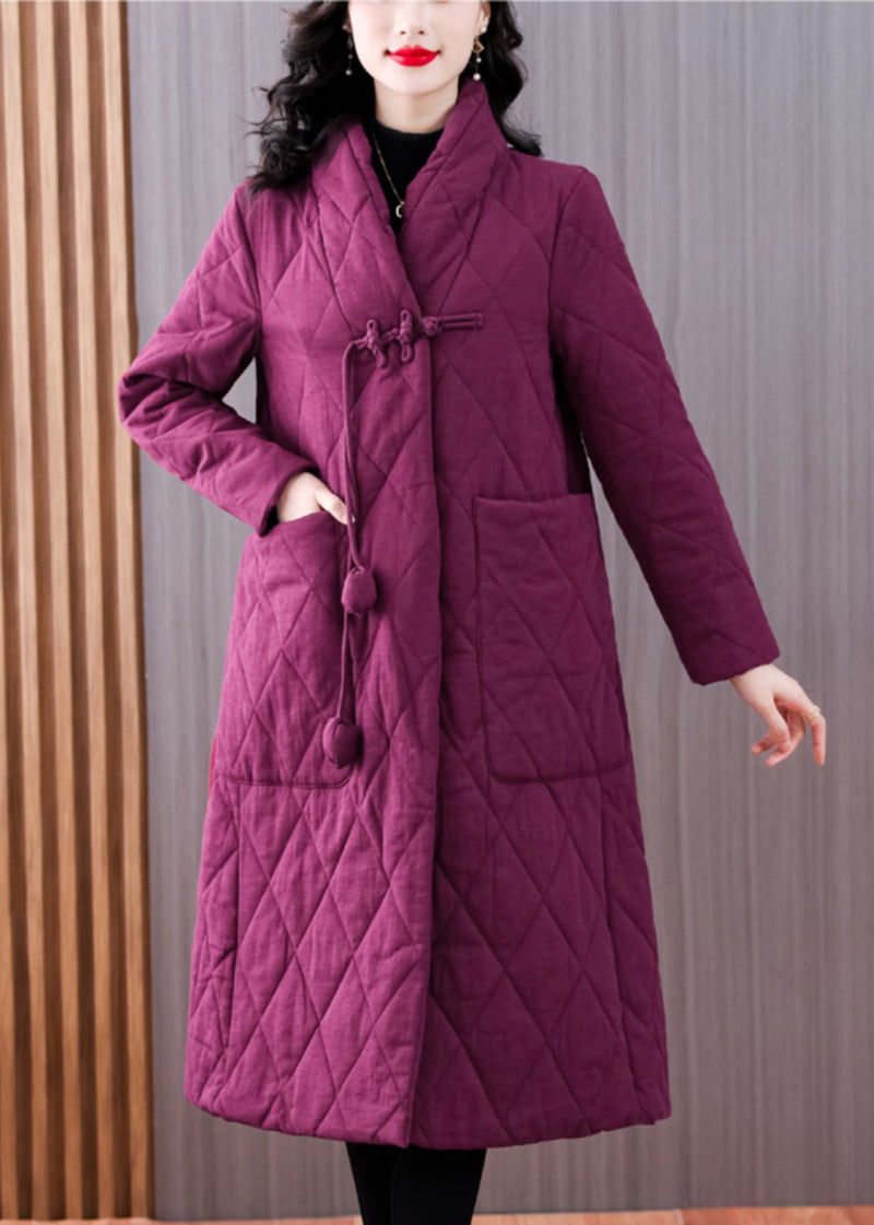 Purple V Neck Pockets Chinese Button Fine Cotton Filled Coat Winter