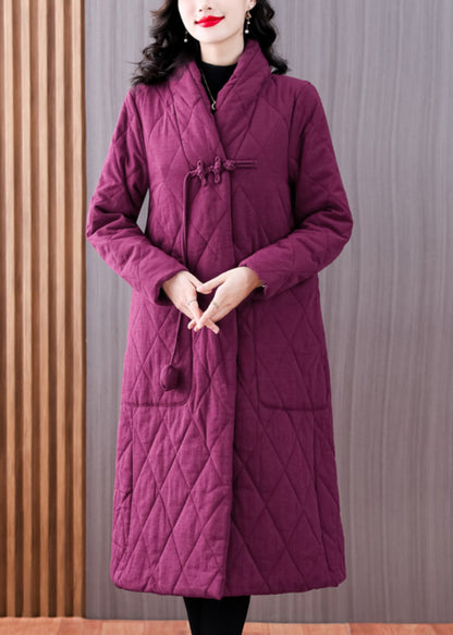 Purple V Neck Pockets Chinese Button Fine Cotton Filled Coat Winter
