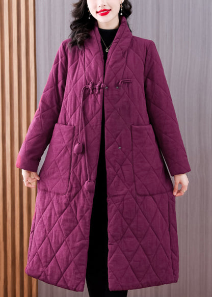 Purple V Neck Pockets Chinese Button Fine Cotton Filled Coat Winter