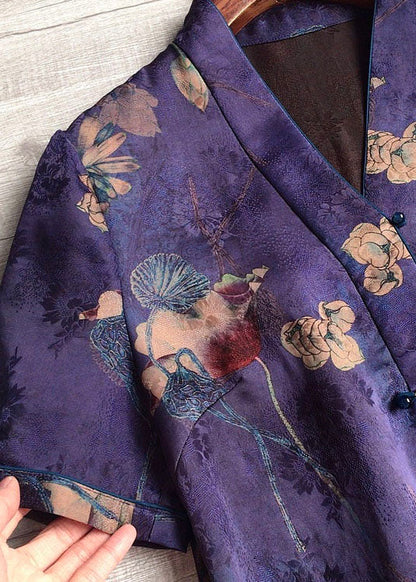 Purple V Neck Slim Fit Tassel Print Silk Dresses Short Sleeve