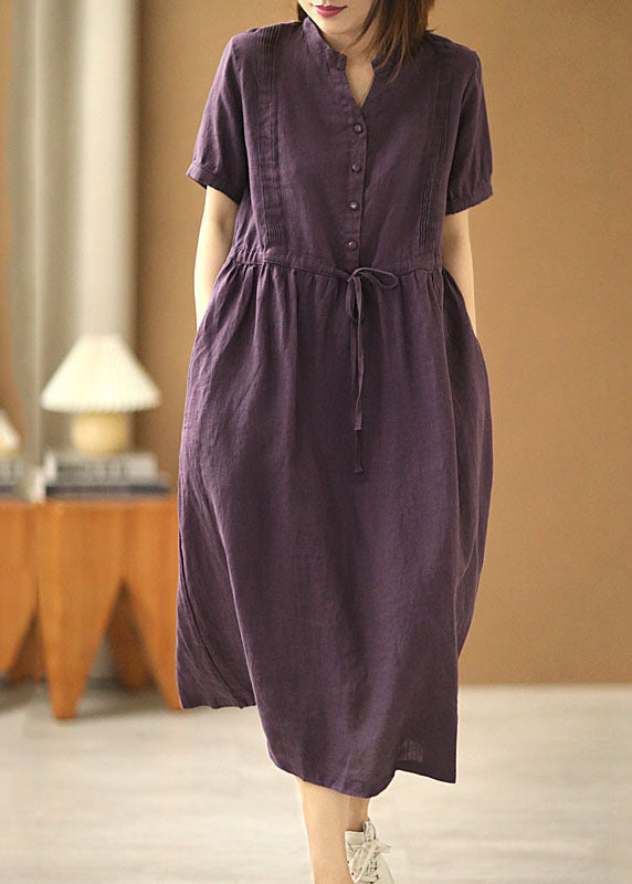 Purple V Neck Wrinkled Tie Waist Linen Long Dresses Short Sleeve