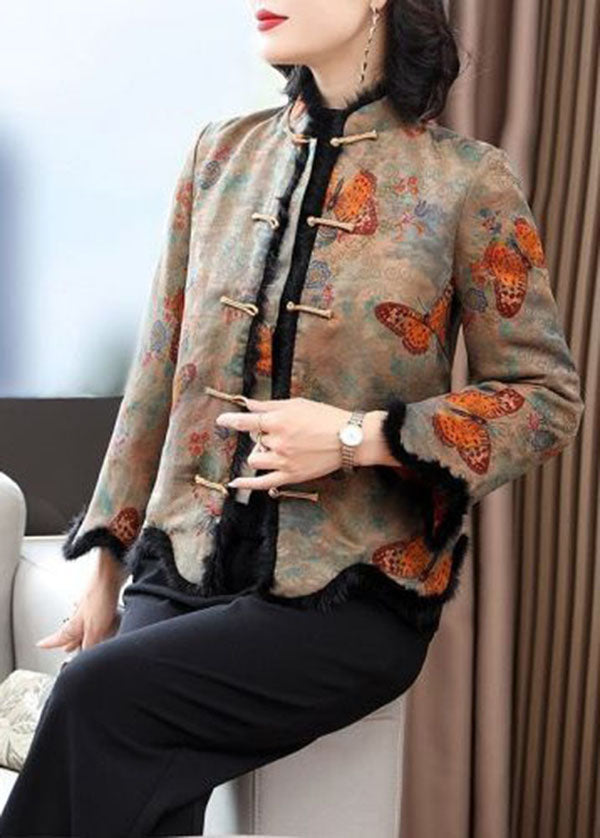 Rabbit Hair Collar Print Fine Cotton Filled Jackets Winter