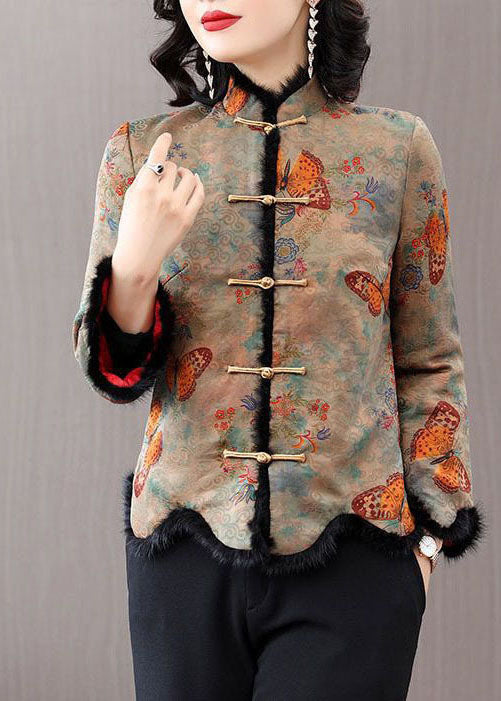 Rabbit Hair Collar Print Fine Cotton Filled Jackets Winter