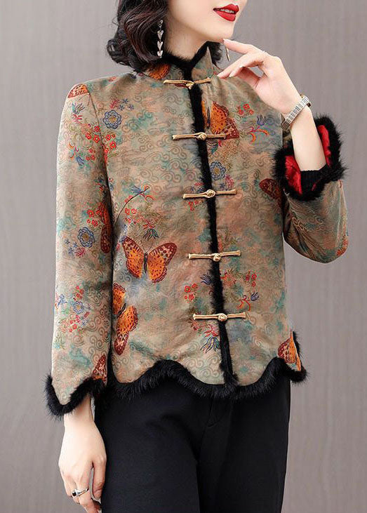 Rabbit Hair Collar Print Fine Cotton Filled Jackets Winter