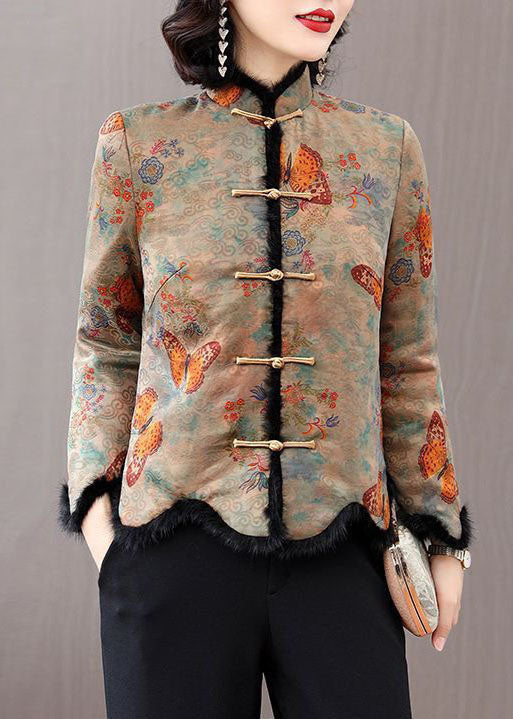 Rabbit Hair Collar Print Fine Cotton Filled Jackets Winter
