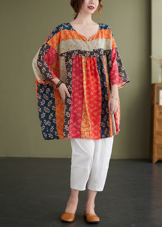 Rainbow V Neck Print Patchwork Fall Shirt Top Three Quarter Sleeve
