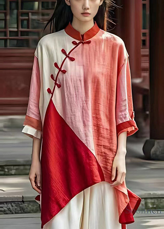 Red Asymmetrical Patchwork Chinese Button Linen Shirts Summer