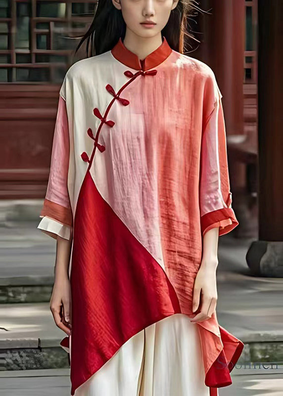Red Asymmetrical Patchwork Chinese Button Linen Shirts Summer