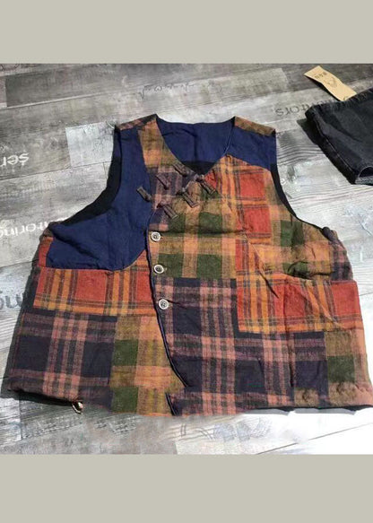 Red Button Plaid Patchwork Linen Vest Spring
