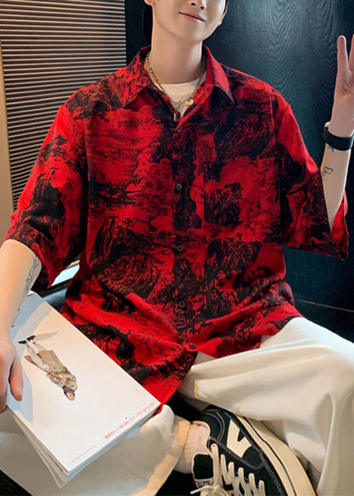 Red Button Print Pockets Cotton Shirts Half Sleeve