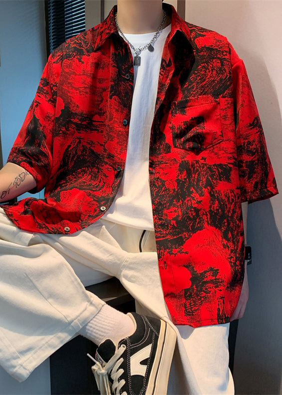 Red Button Print Pockets Cotton Shirts Half Sleeve