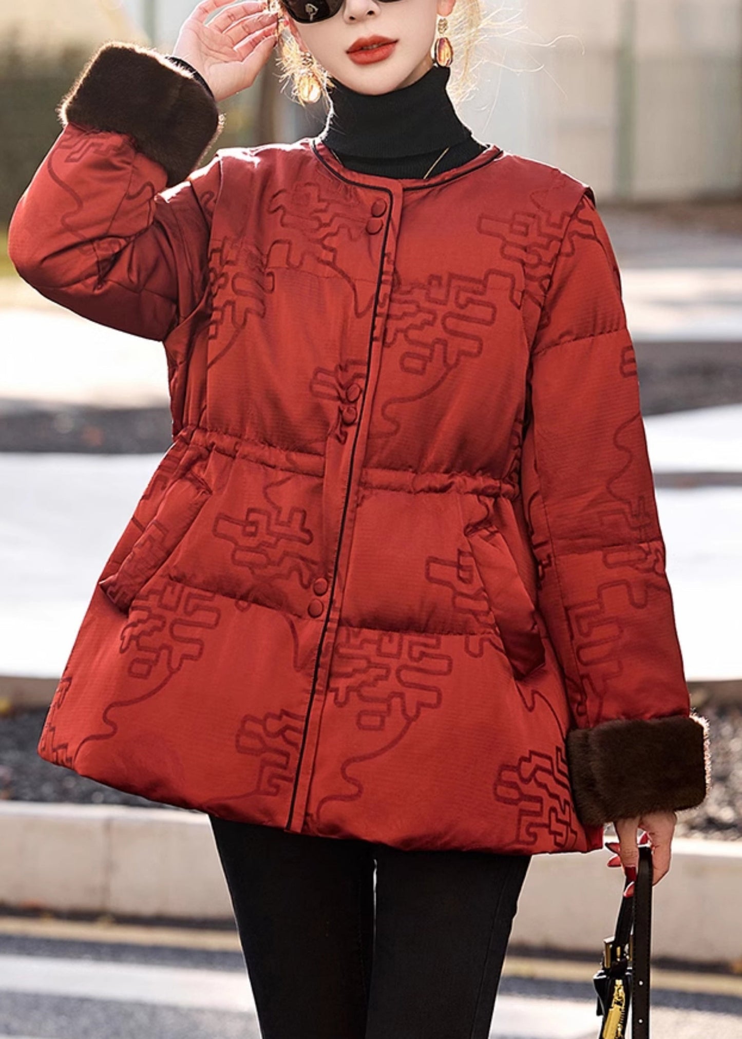 Red Cinched Print Duck Down Puffer Jacket Winter