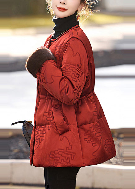 Red Cinched Print Duck Down Puffer Jacket Winter